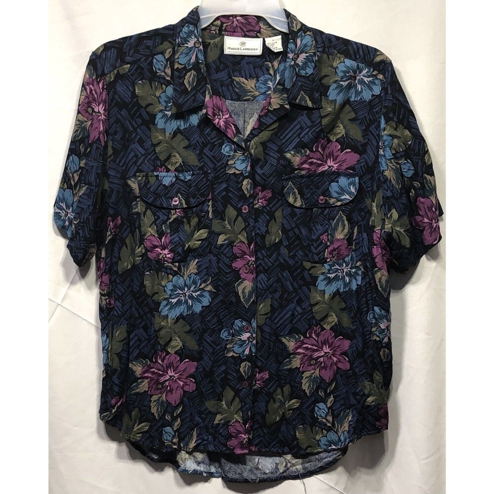 Maggie Lawrence Rayon button up top L Blue Purple tropical Floral Hawaiian luau